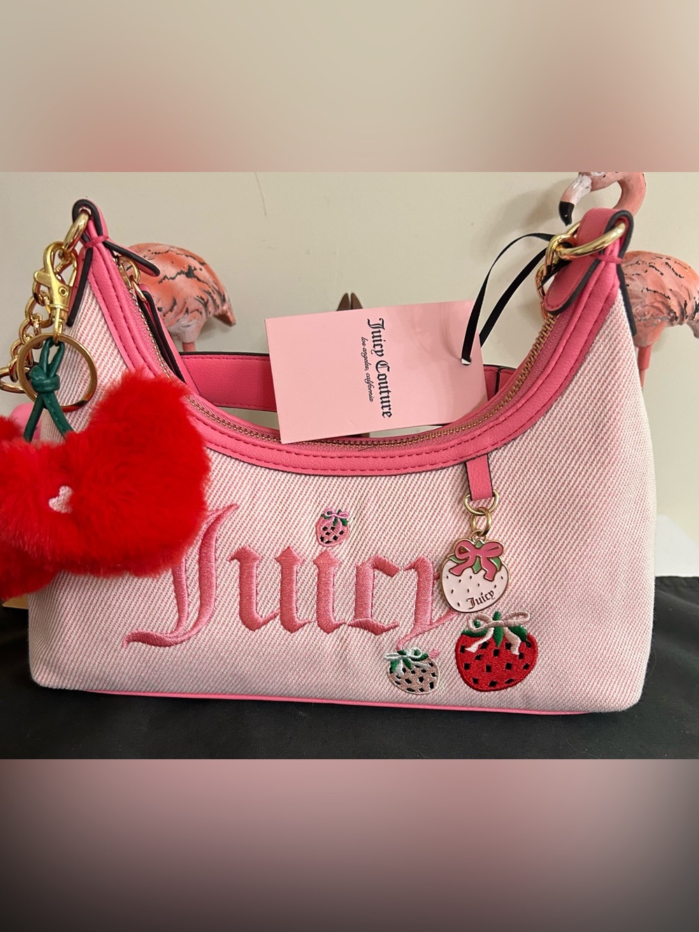 Juicy Couture Pink Strawberry Embroidered Shoulder Bag with Red Pom Charm